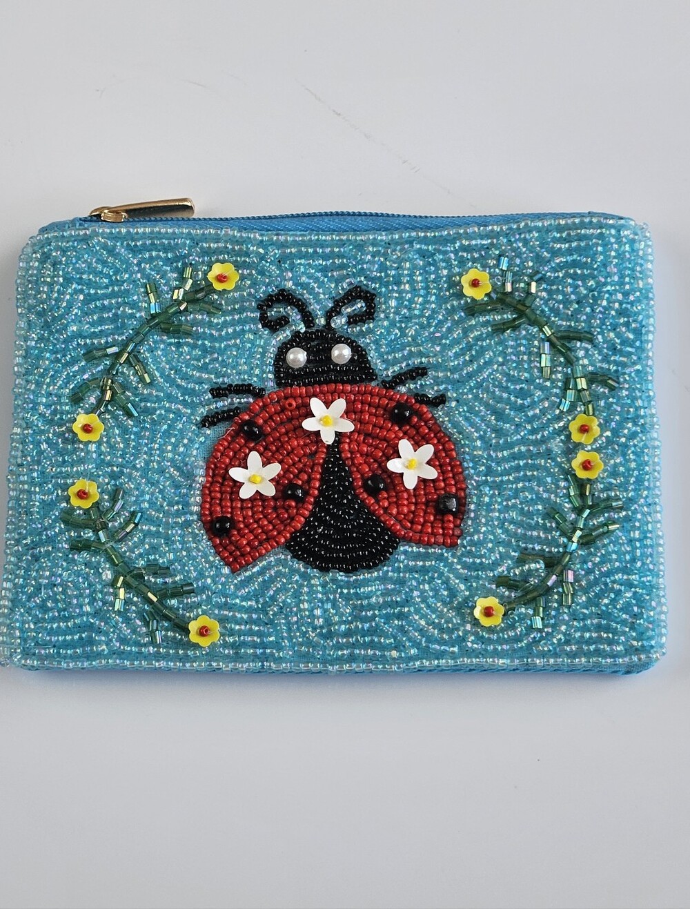 Hand Beaded Garden Ladybug Coin Purse Card Zip Pouch Turquois Floral Handmade